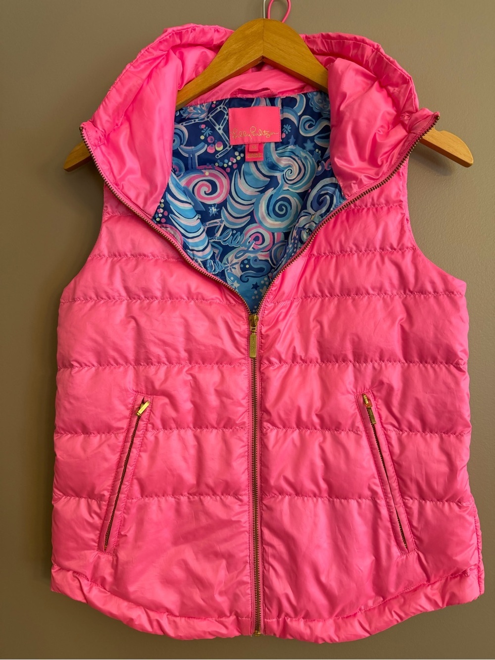 Lilly Pulitzer Pink Puffer Vest Celestial Star Print Lining XS